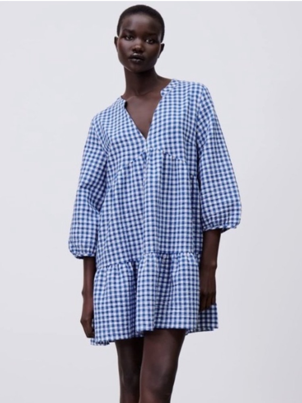 Zara Blue White Gingham Dress Lightweight Long Sleeve Women’s XS